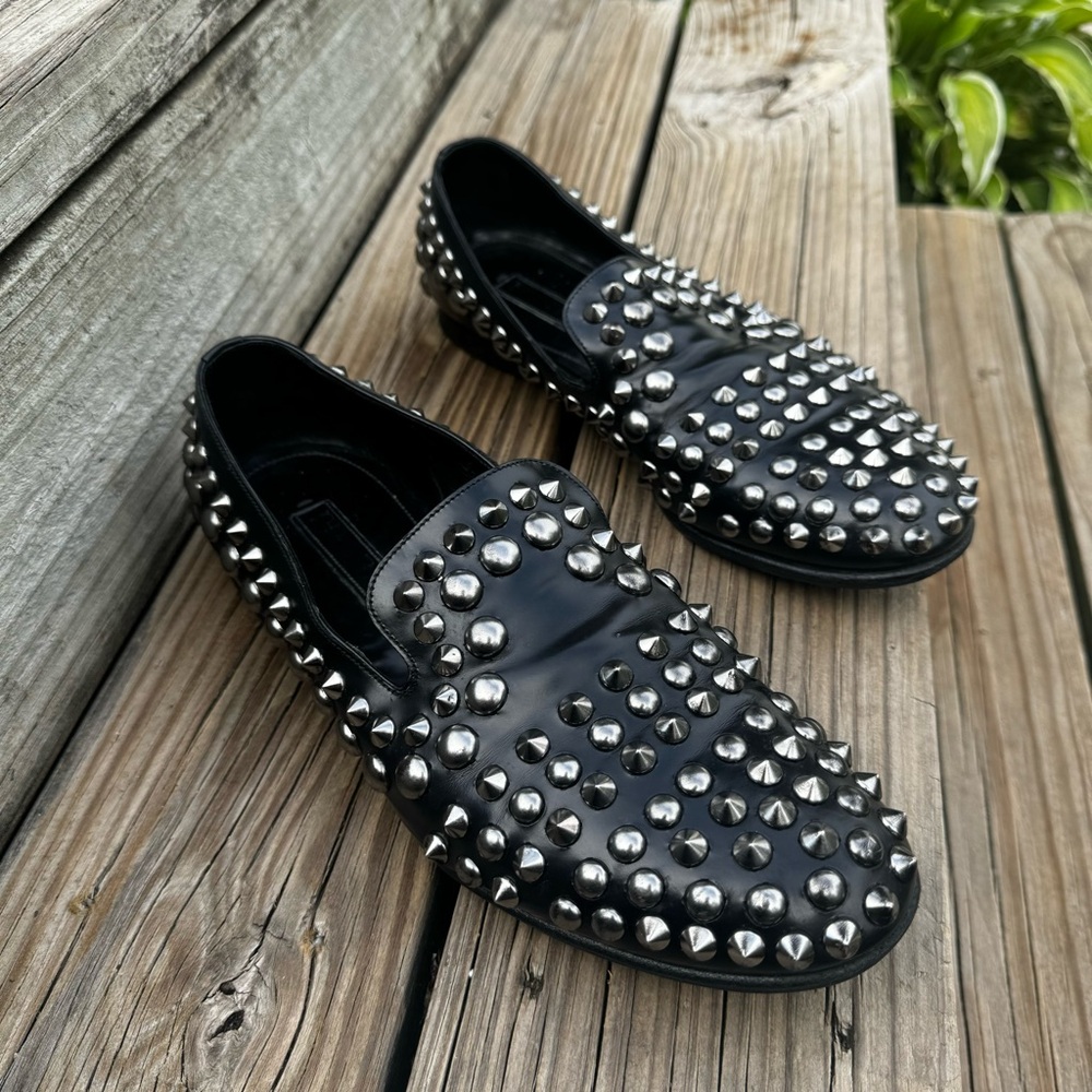 Prada Spazzolato Studded Black Leather Loafers Men’s Size 8